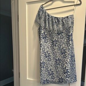 Cooper & Ella Blue and White Asymmetrical Ruffled Sundress